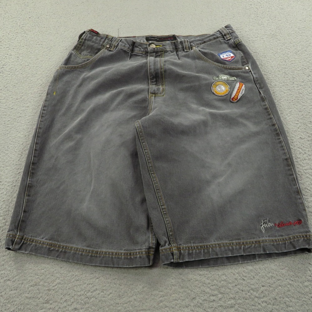 VTG FUBU Jean Shorts Men 38 Gray Denim Baggy Flight Patch Jorts Embroidered Y2K